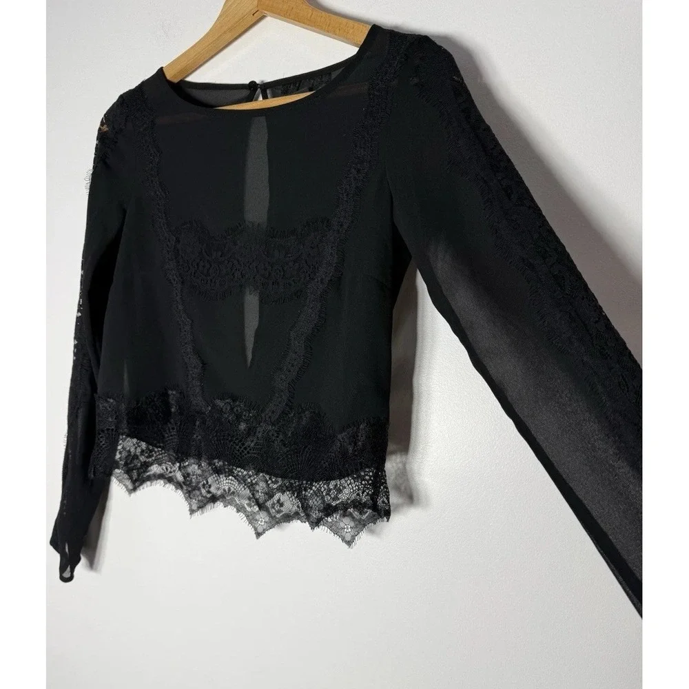 H&M Black Sheer Lace Whimsigoth Witchy Floral Boho Long Sleeve Top Size 2